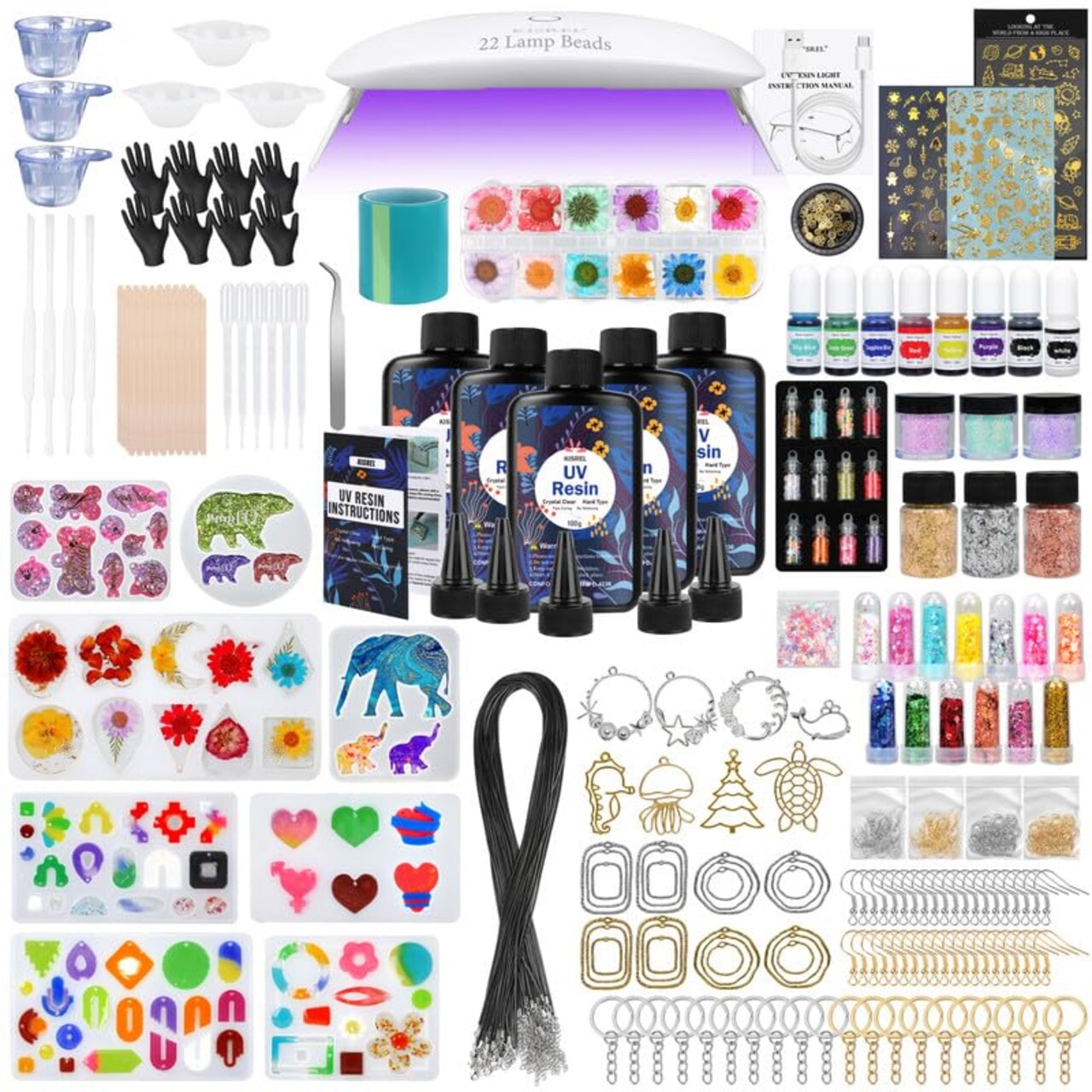 UV Resin Jewelry Making Kit - 500g Crystal Clear UV Resin, Large Light with 22 Beads and Jewelry Molds, Fast Curing for Keychains, Earring Making, DIY Craft Decorations